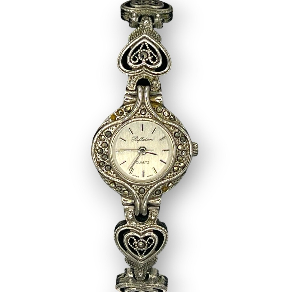 Vintage Heart Link Bracelet Watch Marcasite Style Silver Tone Quartz Women's 6.5